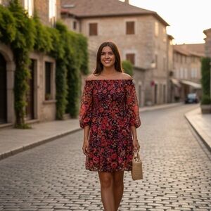 ECI Floral Dress in Red and Black